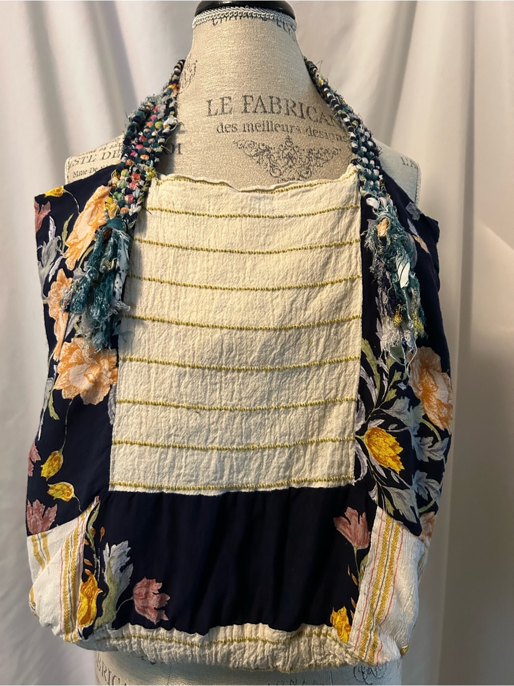 Floral Braided Strap Boho Tote - Navy & Cream